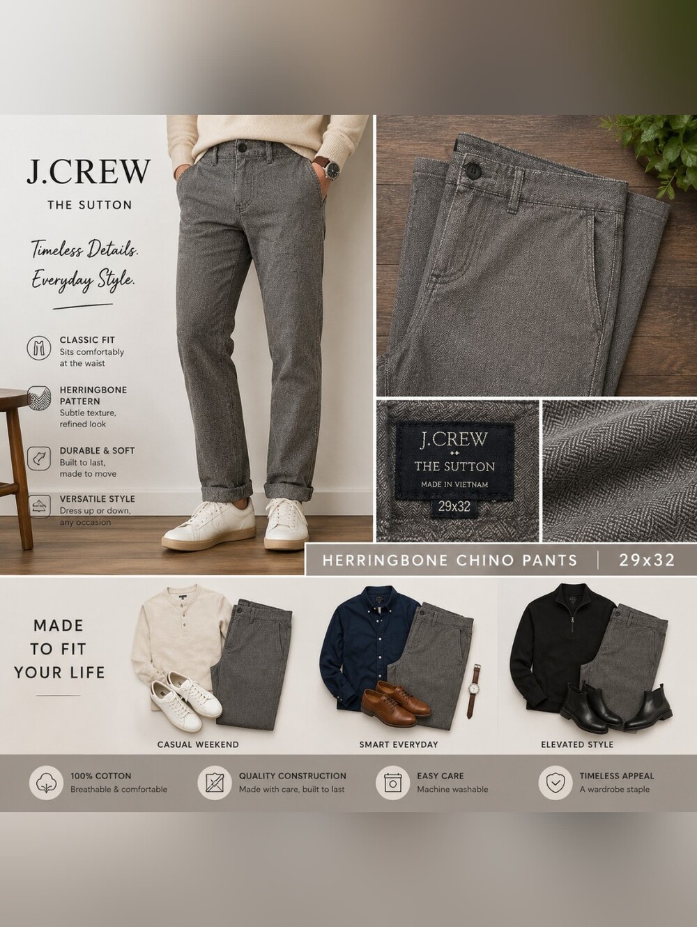 J.Crew Sutton Herringbone Chino Pants Gray 29x32 Straight Leg Cotton